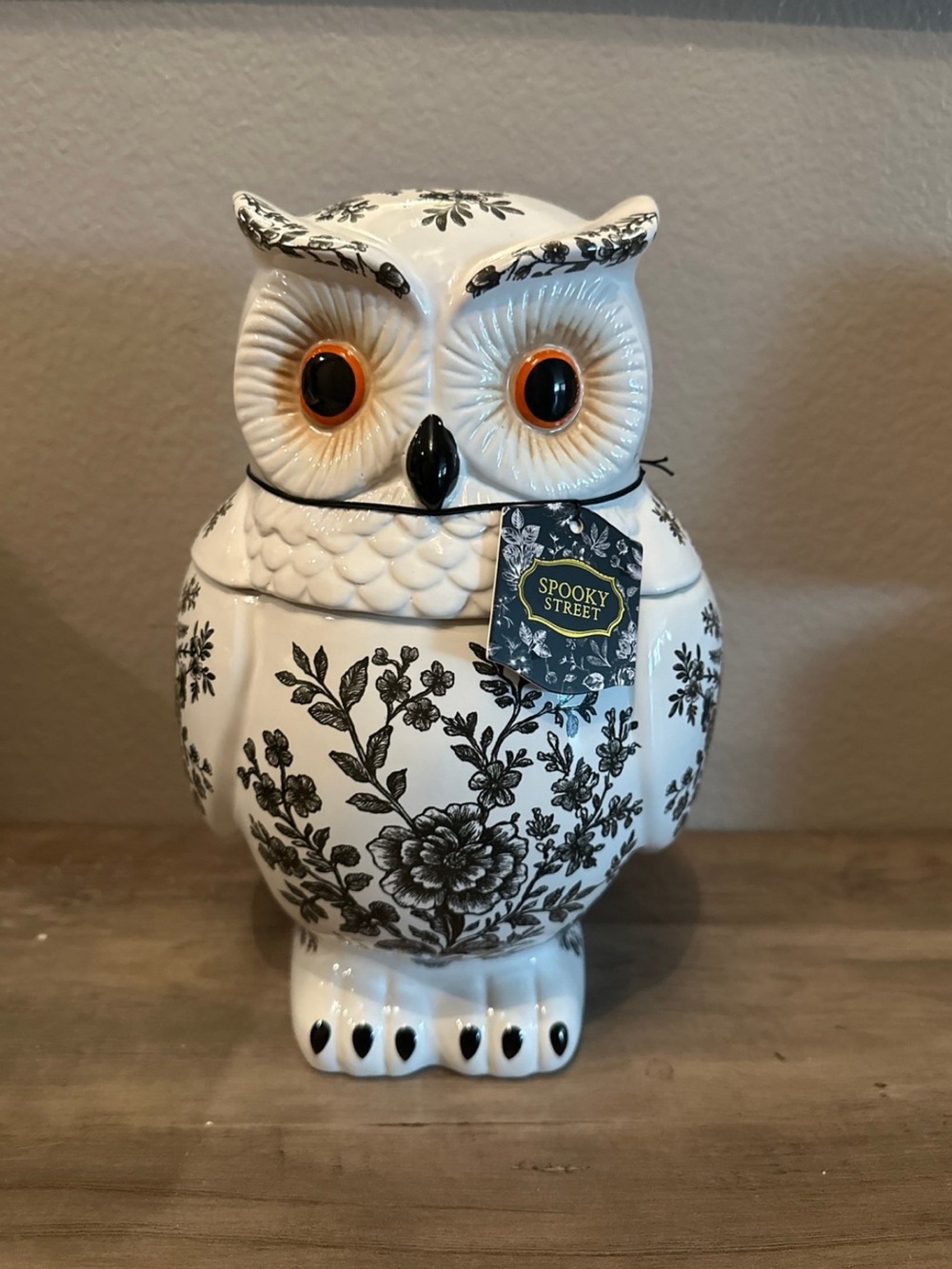 New! Spooky Street Owl Halloween Cookie Jar Ceramic